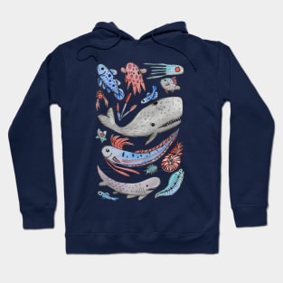 Deep Sea Fish and Creatures in Watercolor Hoodie